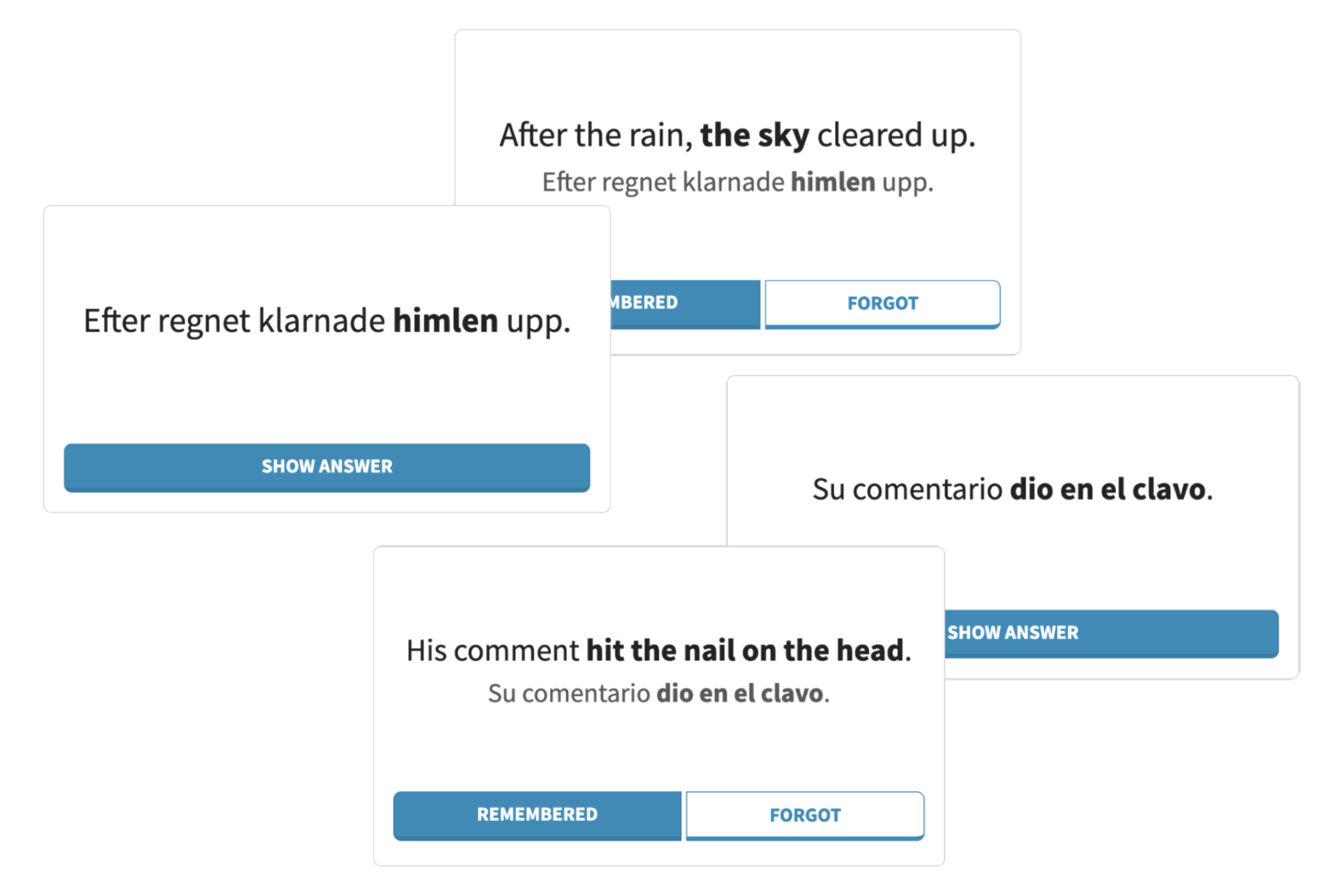 A sample of flashcard screens